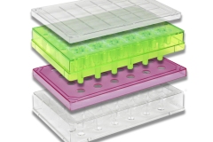 Plastic injection-molded components for the biopharma industry, including colored trays Plastic injection-molded components for the biopharma industry, including colored trays