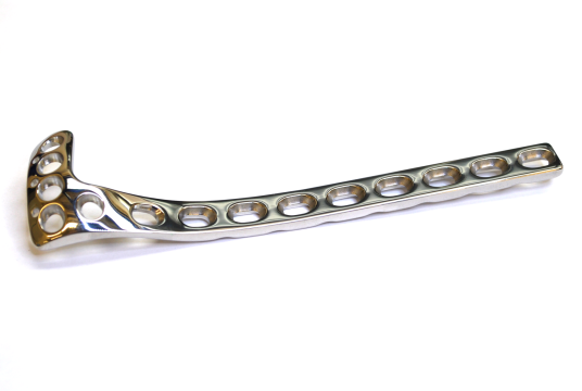 Machined stainless steel surgical  fixation implant with smooth chrome finish and circular holes, precision-engineered