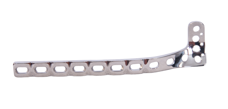 Polished stainless steel internal fixation plate with elongated holes, precision-machined for surgical use