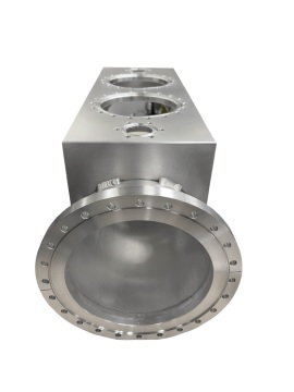Precision-machined aluminum component with multiple circular cutouts and flange