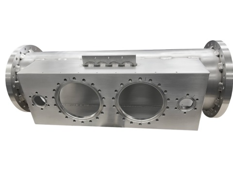 Precision-machined aluminum component with multiple circular cutouts and flange