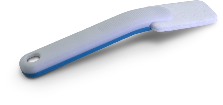 Overmolded plastic brush with a white bristle pad and blue grip for ergonomic use