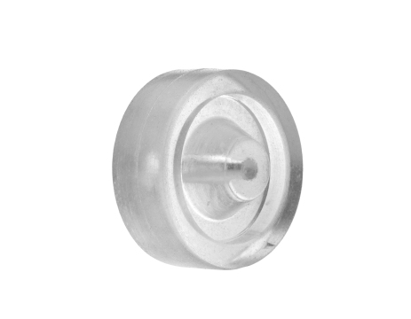 Clear Liquid Silicone Rubber (LSR) molded component with a circular shape and central stem