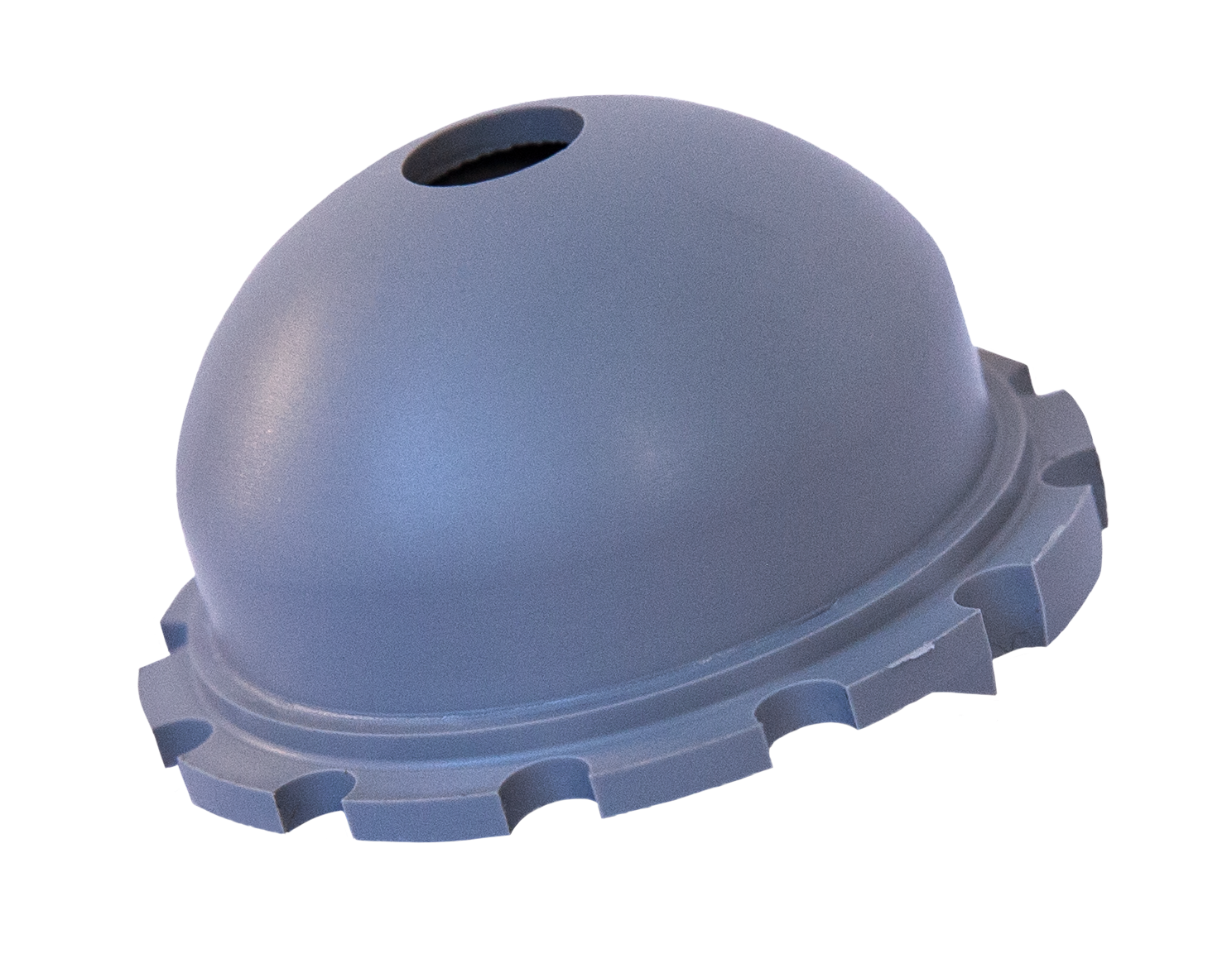 Machined Gray Plastic Acetabular cup (socket) for orthopedic implants, showcasing outer surface