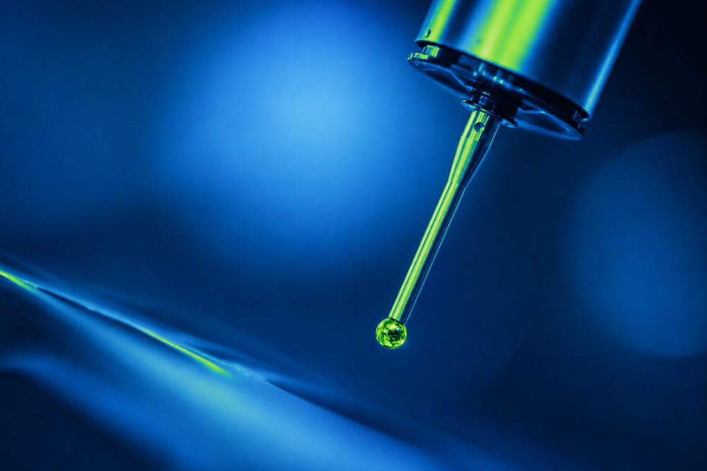 Precision measurement probe with a spherical tip used for high-accuracy component inspection.
