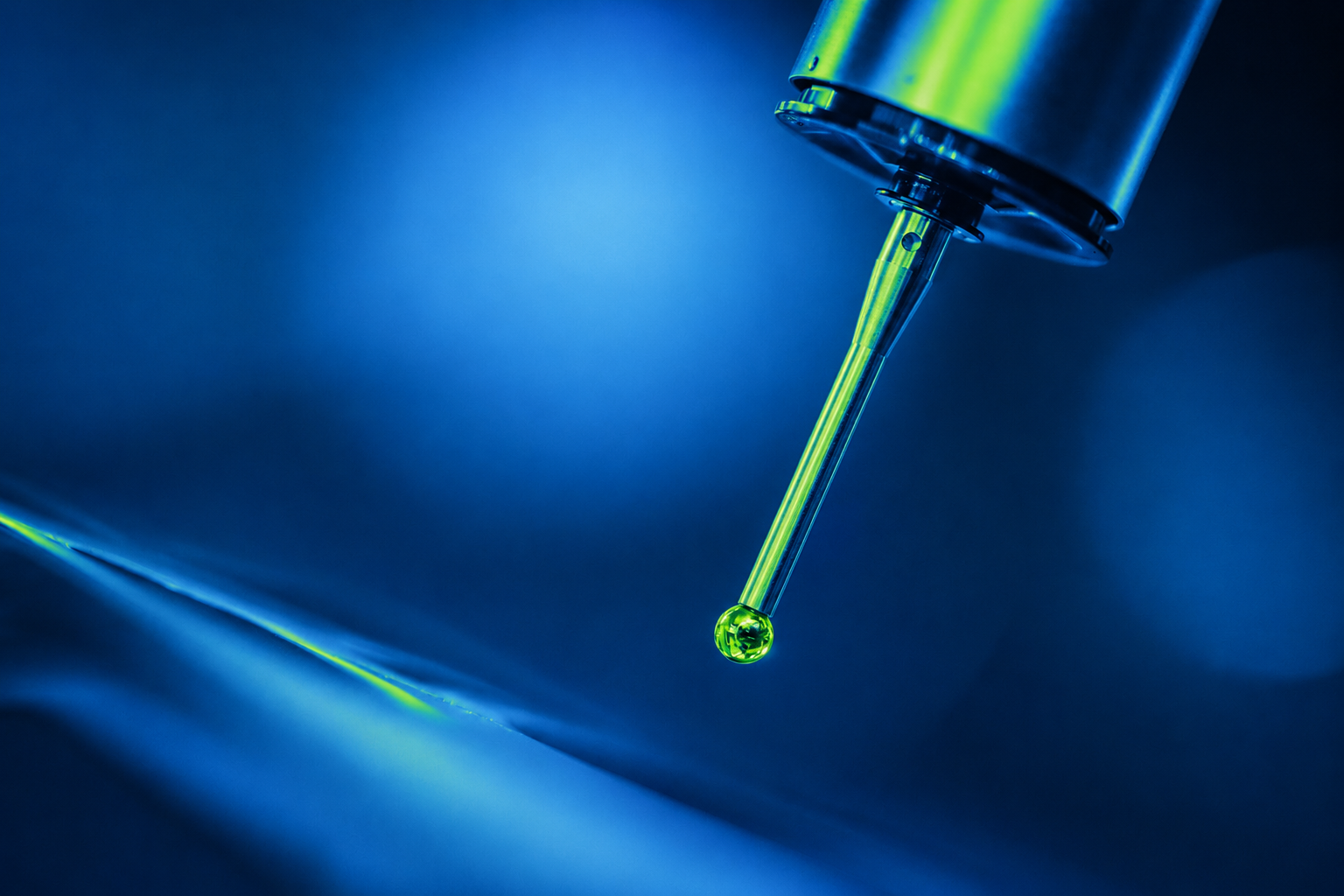 Precision measurement probe with a spherical tip used for high-accuracy component inspection.
